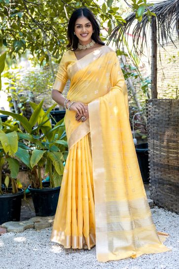 Delightful Yellow Color Zari Woven Border Pure Cotton Fabric Casual Saree