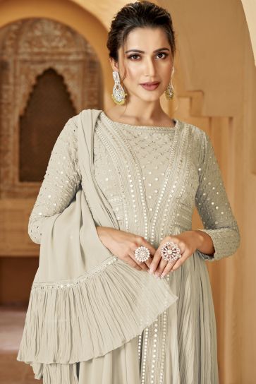Georgette Fabric Reception Wear Embroidered Readymade Anarkali Salwar Kameez In Beige Color