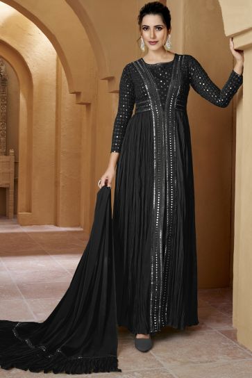Black Colored Georgette Anarkali Suit With Dupatta