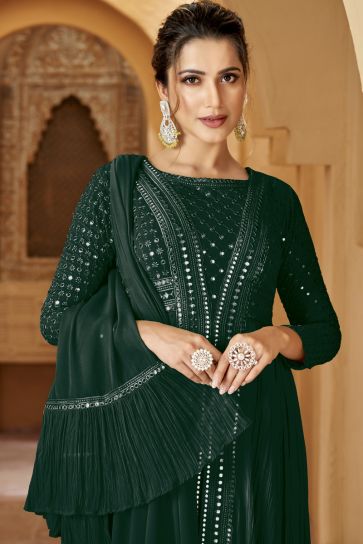 Georgette Fabric Green Color Festive Wear Embroidered Readymade Anarkali Salwar Kameez