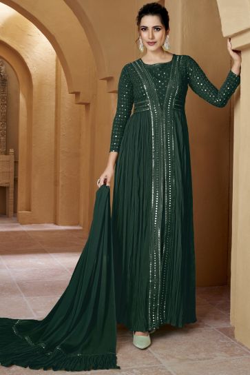 Georgette Fabric Green Color Festive Wear Embroidered Readymade Anarkali Salwar Kameez