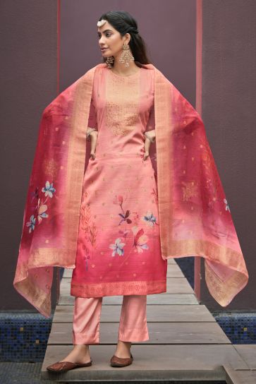 Beautiful Digital Printed Chanderi Jacquard Fabric Casual Salwar Suit In Pink Color