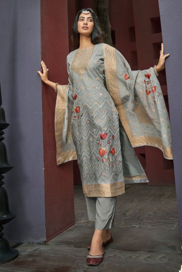 Grey Color Casual Digital Printed Salwar Suit In Chanderi Jacquard Fabric