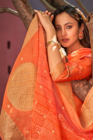 Chanderi Jacquard Fabric Digital Printed Casual Salwar Kameez In Orange Color