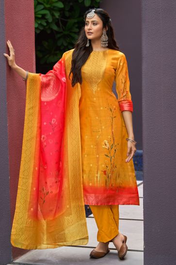 Attractive Digital Printed Mustard Color Casual Salwar Kameez In Chanderi Jacquard Fabric