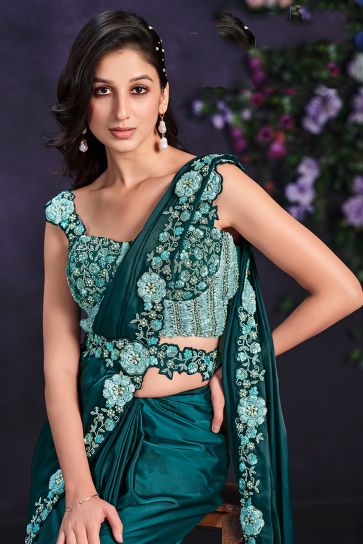 Incredible Border Work On Satin Silk Fabric Teal Color Ready To Wear Saree