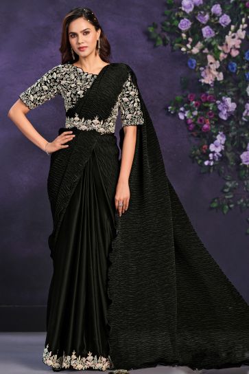 Tempting Satin Silk Fabric Black Color Ready To Wear Saree With Border Work