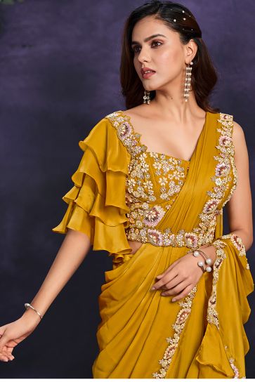 Satin Silk Fabric Mustard Color Ready To Wear Saree With Winsome Border Work