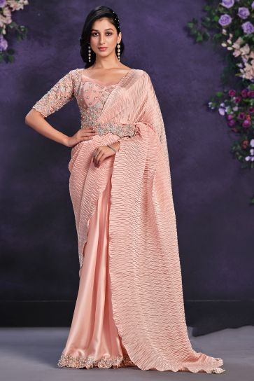 Excellent Satin Silk Fabric Peach Color Ready To Wear Saree With Border Work 