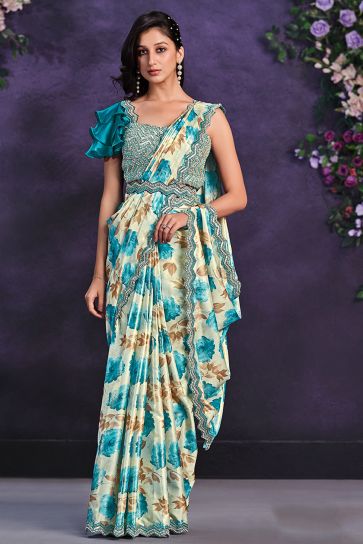 Beige Color Border Work On Satin Silk Fabric Beatific Ready To Wear Saree