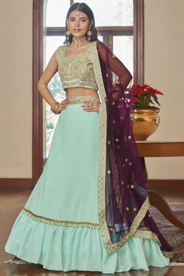 Light Cyan Color Admirable Embroidered Lehenga In Art Silk Fabric
