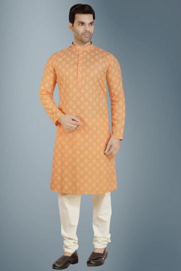 Appealing Peach Color Cotton Function Wear Readymade Kurta Pyjama For Men
