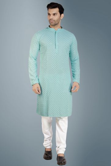 Captivating Sky Blue Color Cotton Sangeet Wear Readymade Kurta Pyjama For Men