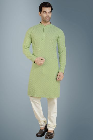 Gorgeous Green Color Cotton Reception Wear Readymade Kurta Pyjama For Men