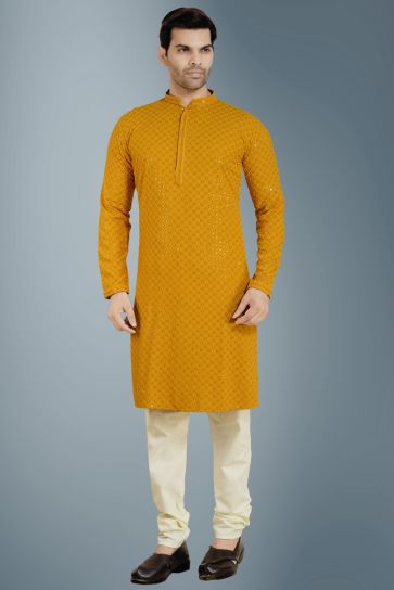 Striking Mustard Color Cotton Function Wear Readymade Kurta Pyjama For Men