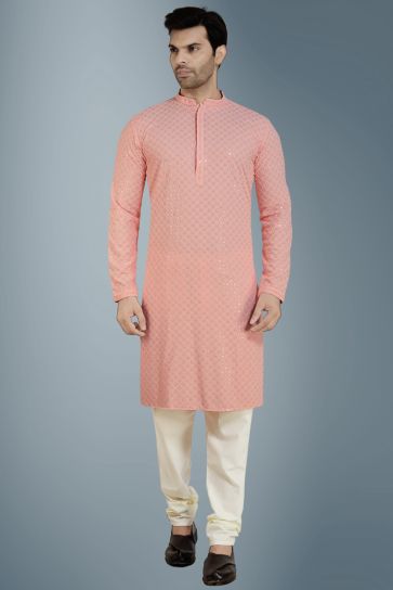 Stunning Pink Color Cotton Festive Wear Readymade Kurta Pyjama For Men