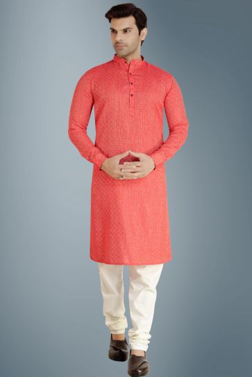 Lovely Red Color Cotton Sangeet Wear Readymade Kurta Pyjama For Men