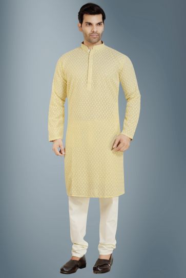 Gorgeous Yellow Color Georgette Function Wear Readymade Kurta Pyjama For Men