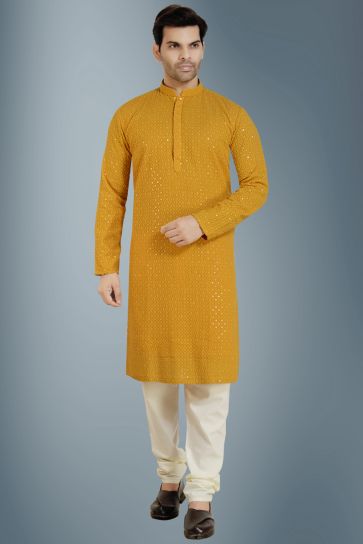 Stunning Yellow Color Georgette Sangeet Wear Readymade Kurta Pyjama For Men