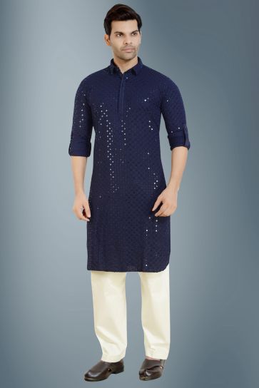Pretty Navy Blue Color Rayon Reception Wear Readymade Kurta Pyjama For Men