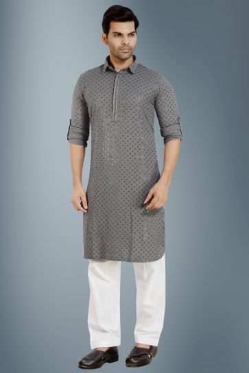 Beautiful Grey Color Rayon Function Wear Readymade Kurta Pyjama For Men