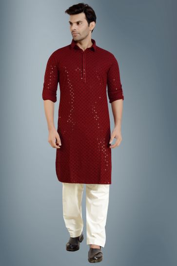 Attractive Maroon Color Rayon Festive Wear Readymade Kurta Pyjama For Men