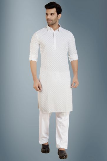 Enriching White Color Rayon Sangeet Wear Readymade Kurta Pyjama For Men