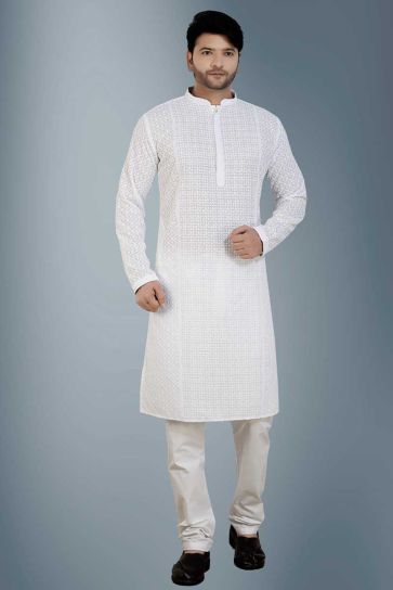 Cotton Fabric White Color Stunning Kurta Pyjama In Festive Look