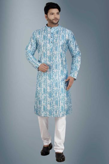 Blazing Sky Blue Color Viscose Fabric Festive Look Kurta Pyjama