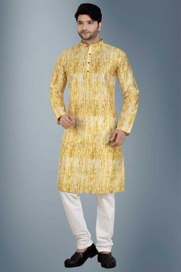 Yellow Color Festive Look Splendid Kurta Pyjama In Viscose Fabric