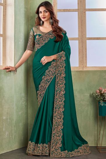 Charming Green Color Silk Fabric Saree With Border Work