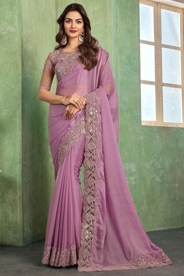 Beguiling Border Work On Lavender Color Chiffon Fabric Saree