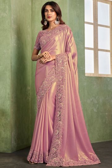 Satin Fabric Pink Color Saree With Winsome Border Work