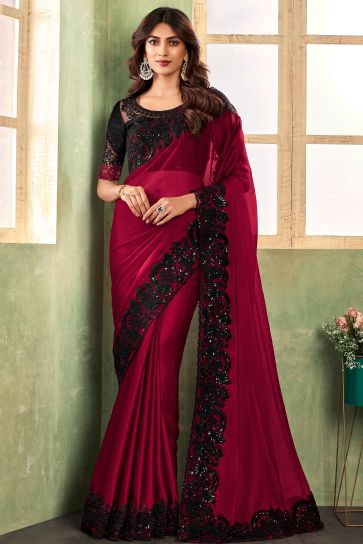 Marvellous Border Work On Chiffon Fabric Saree In Red Color
