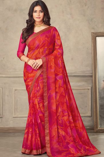 Printed Work On Red Color Aristocratic Chiffon Fabric Saree