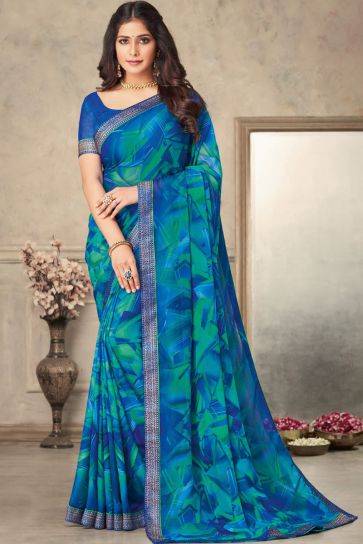 Imperial Blue Color Chiffon Fabric Saree With Printed Work