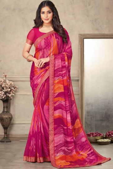 Printed Work On Flamboyant Chiffon Fabric Saree In Pink Color