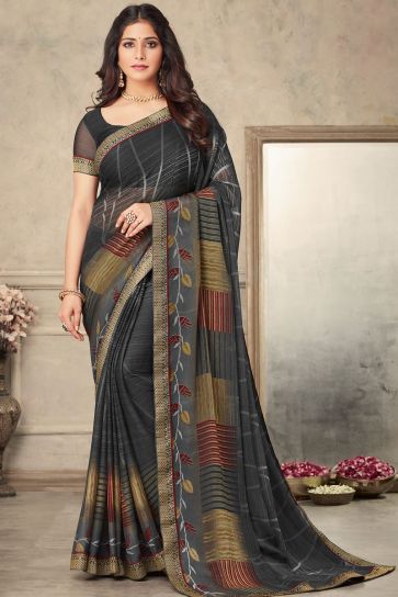 Printed Work On Awesome Chiffon Fabric Saree In Black Color