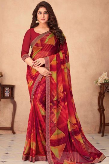 Multi Color Mesmeric Printed Work On Saree In Chiffon Fabric