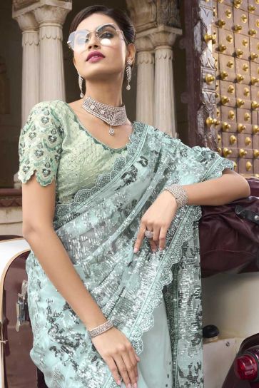 Sea Green Color Net Fabric Gorgeous Saree With Sequins Work