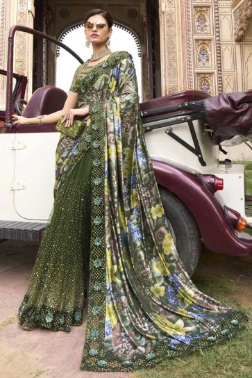 Engaging Net Fabric Sequins Work Saree In Mehendi Green Color