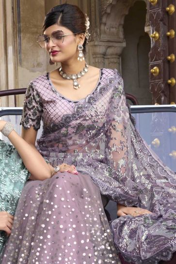 Glamorous Lavender Color Net Fabric Sequins Work Saree
