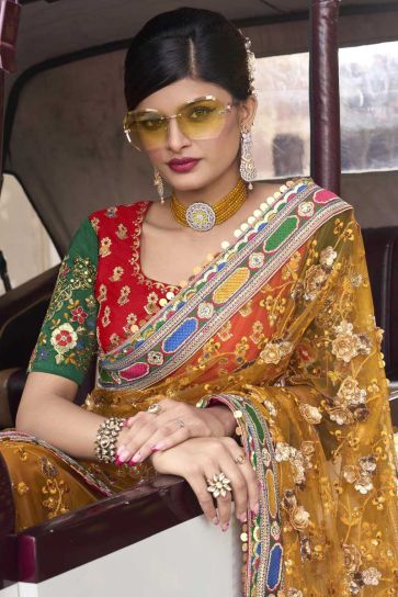Mustard Color Sequins Work On Attractive Saree In Net Fabric