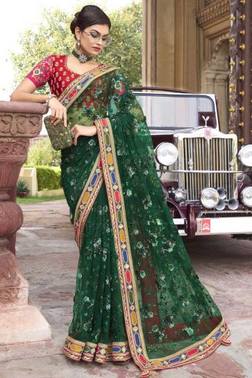 Engaging Green Color Sequins Work Net Fabric Saree