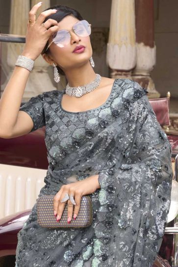 Fetching Net Fabric Sequins Work Saree In Grey Color