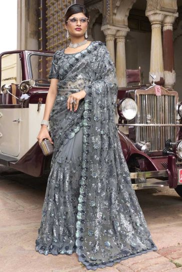 Fetching Net Fabric Sequins Work Saree In Grey Color