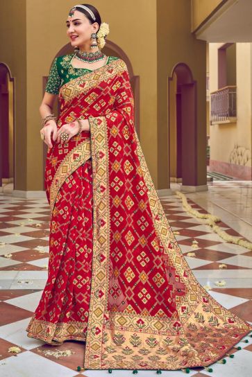 Georgette Fabric Wedding Wear Gorgeous Saree In Red Color