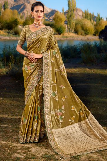 Beautiful Silk Fabric Green Color Weaving Work Saree