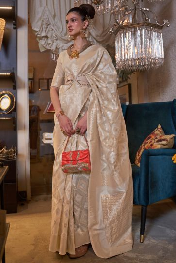 Linen Reception Handloom Woven Cream Color Saree