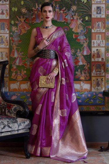 Organza Fabric Purple Color Amazing Handloom Weaving Saree
